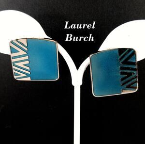 Vintage Laurel Burch Geometric Naito Blue Post Earrings, Rhodium Plated, 1980s